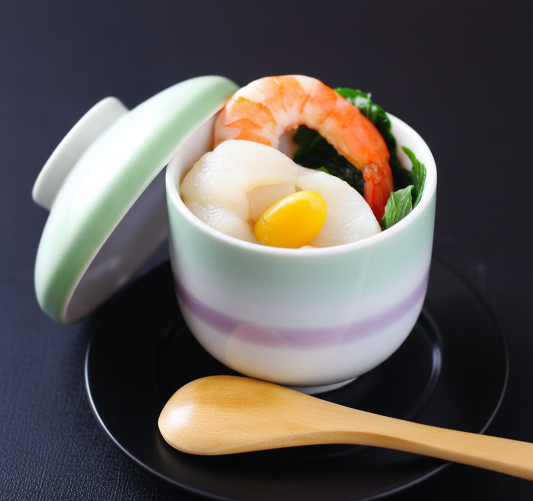 株式会社駕徳（かごとく）の通夜料理に添えられた茶碗蒸し風の小鉢に海老と銀杏が載った盛り合わせ、堺市　葬儀