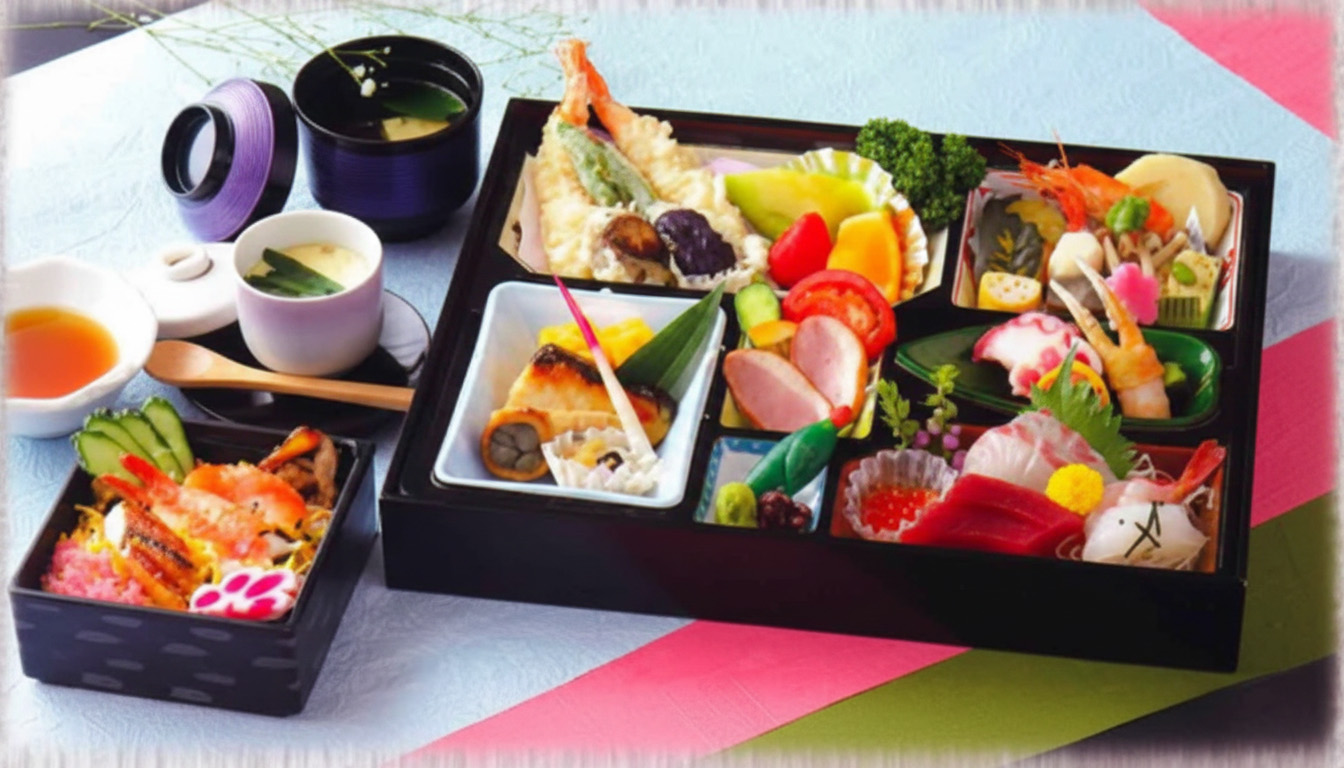 株式会社駕徳（かごとく）が提供する通夜用の彩り豊かな箱膳料理、刺身や天ぷら入りの盛り合わせ（堺市　葬儀）