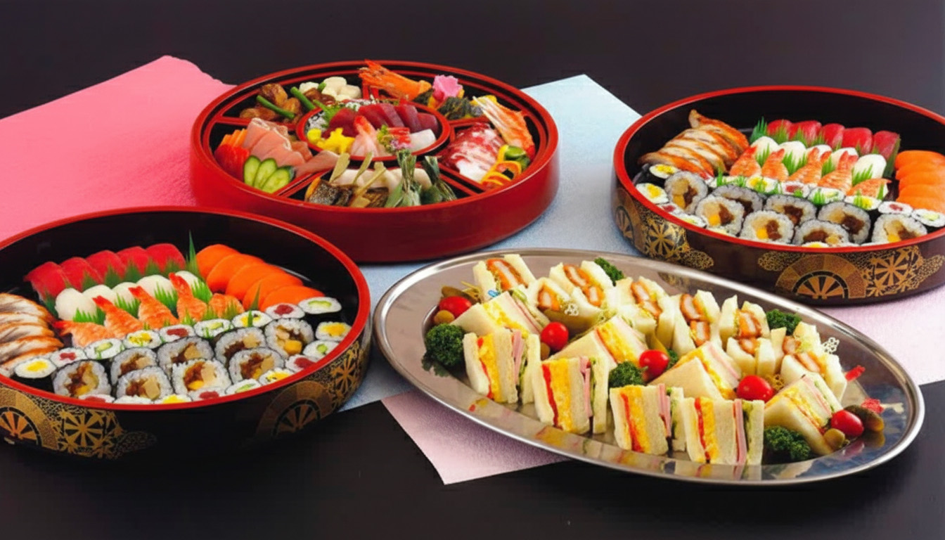 株式会社駕徳（かごとく）の通夜向け和洋折詰と寿司盛り合わせを並べた会場用盛り付け（堺市　葬儀）