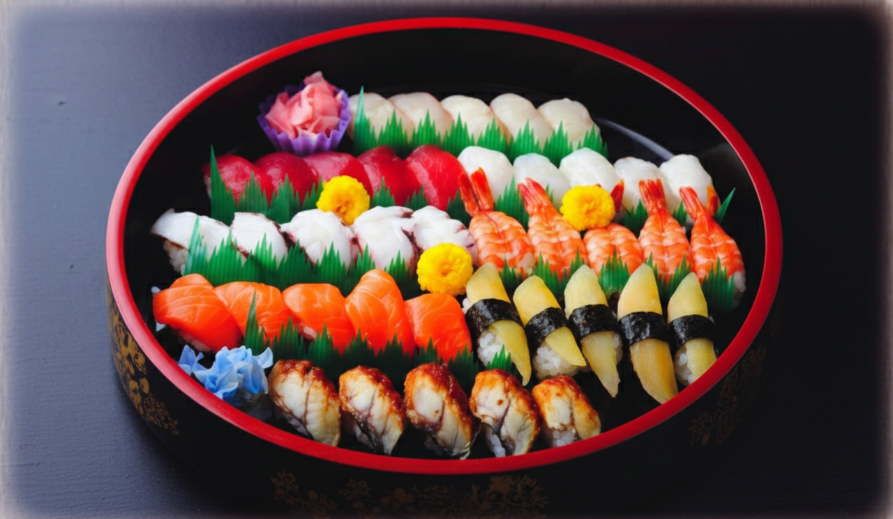 折詰に並んだにぎり寿司盛り合わせを堺市　葬儀向けに株式会社駕徳（かごとく）が提供している