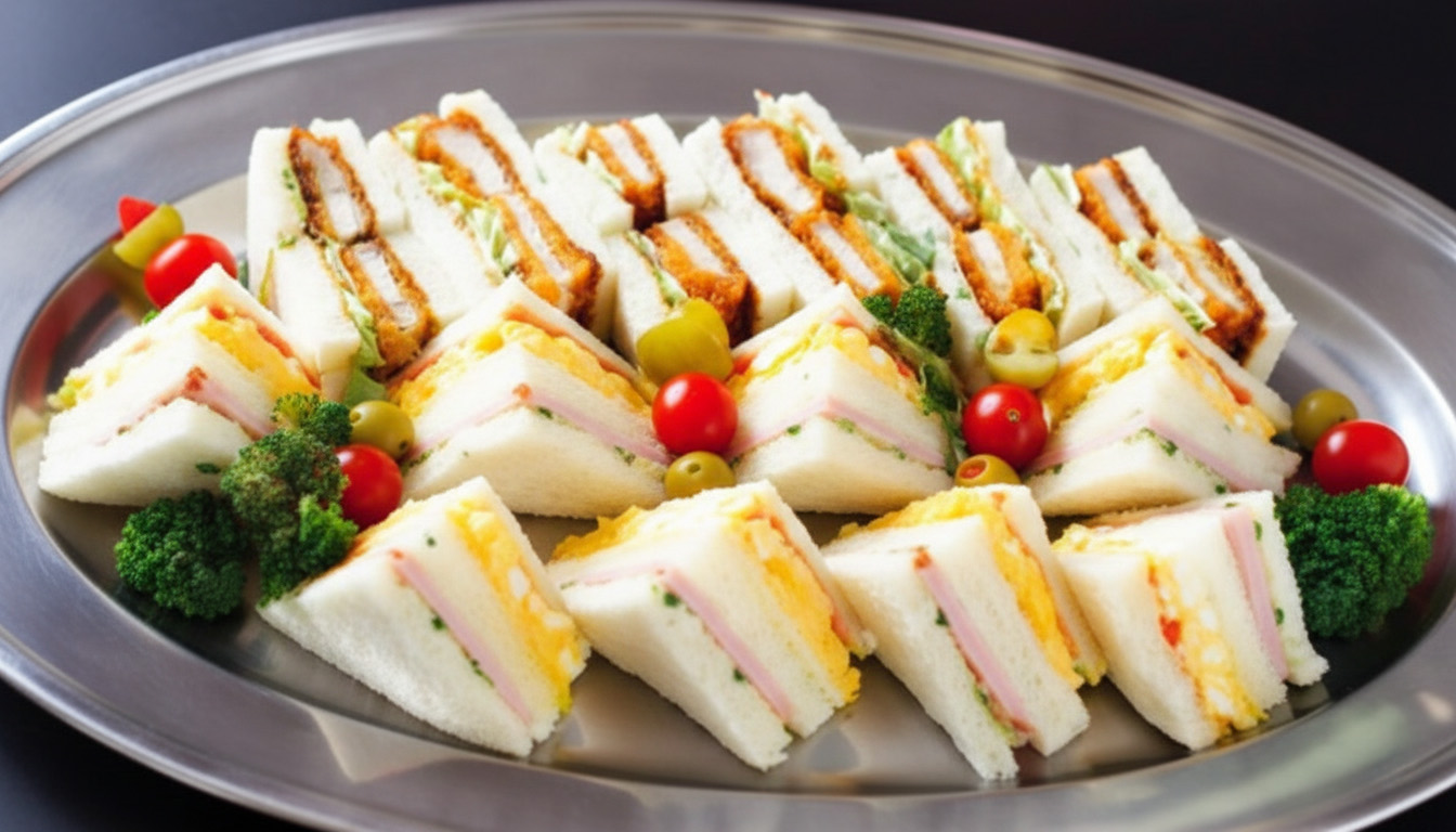 株式会社駕徳（かごとく）の通夜向けミックスサンドが皿に並んだ盛り合わせ、堺市　葬儀向けの提供用