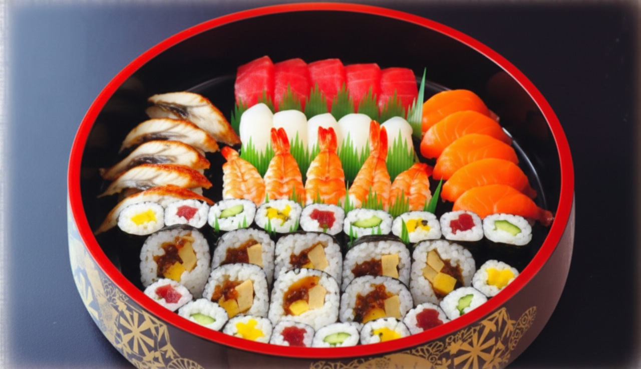 赤縁の盆に並んだにぎり寿司盛り合わせ、堺市　葬儀向けに株式会社駕徳（かごとく）が提供